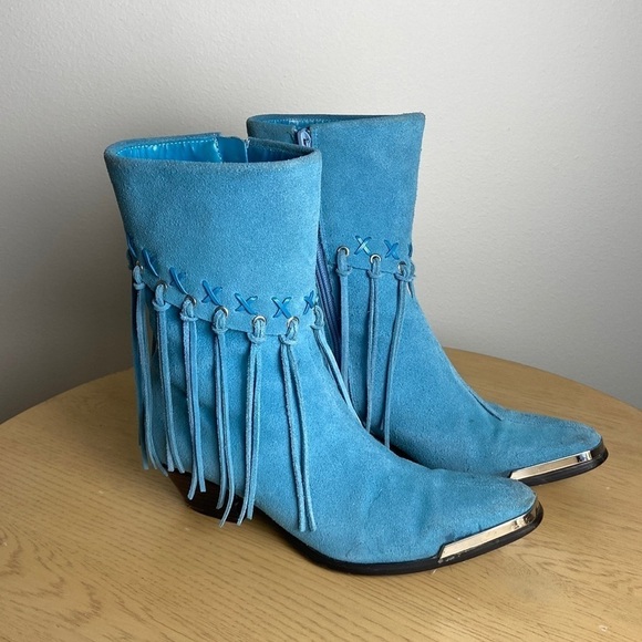 Oak Tree Farms Shoes - Oak Tree Farms Blue Turquoise Suede Fringe Boots Western Pointed Toe Size 6